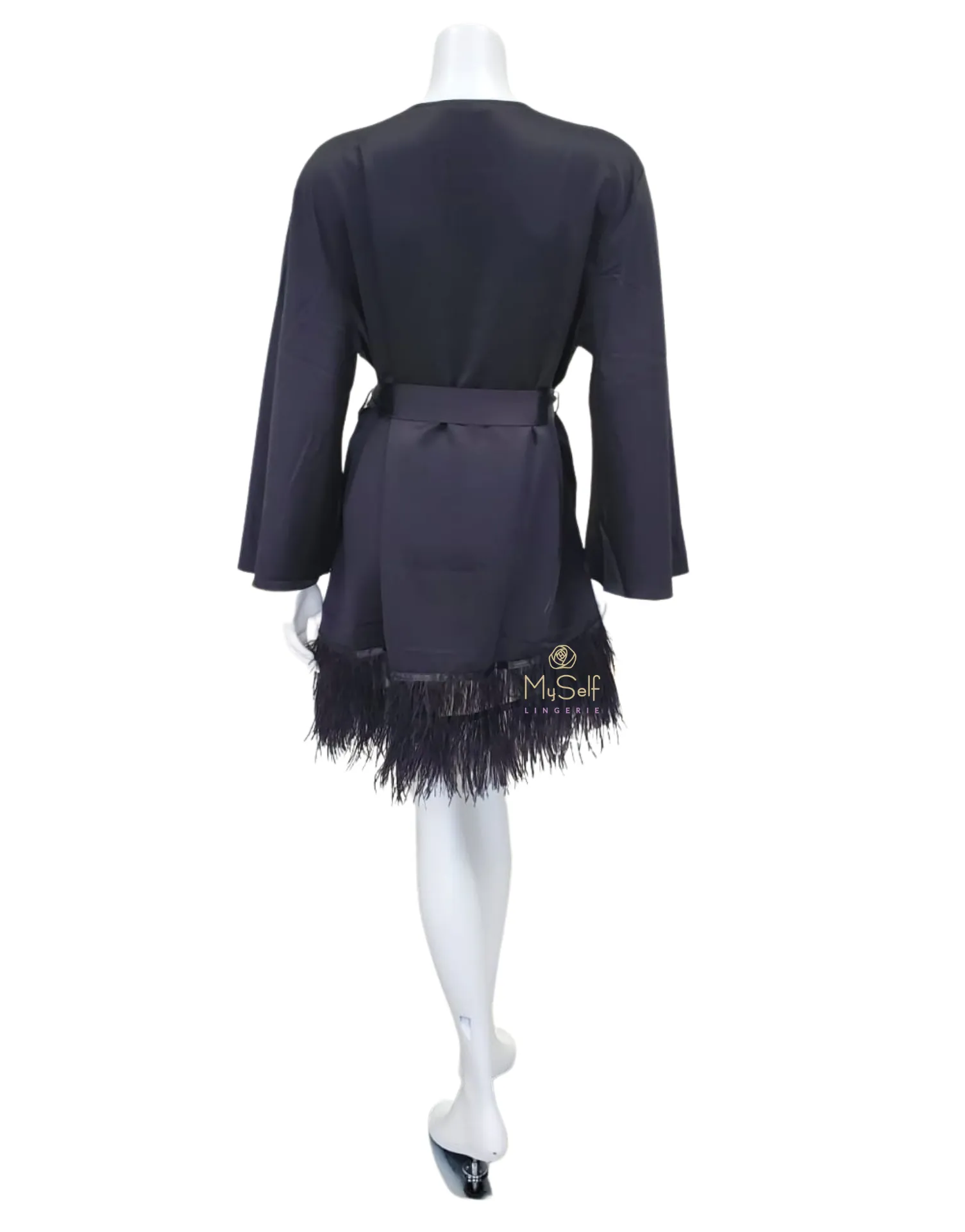 394 Black Swan Feathers Satin Kimono Wrap