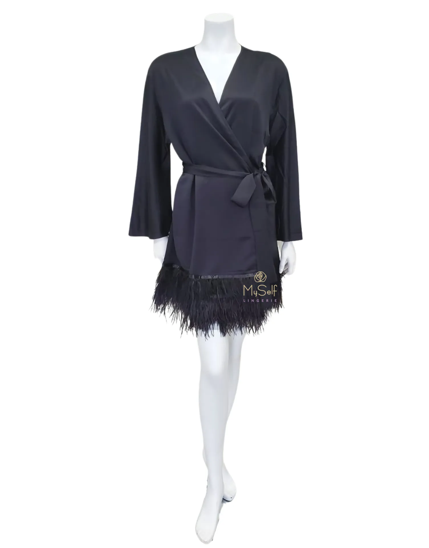 394 Black Swan Feathers Satin Kimono Wrap
