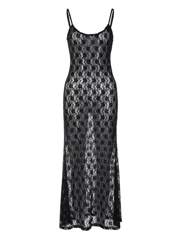 Backless Maxi Dress with Mesh Elegance and Suspender Straps