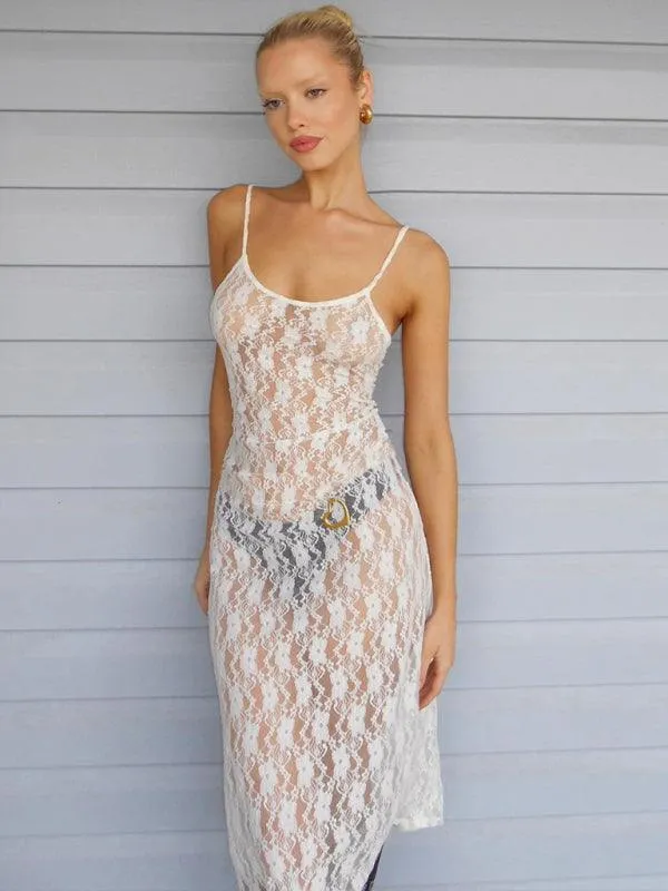 Backless Maxi Dress with Mesh Elegance and Suspender Straps