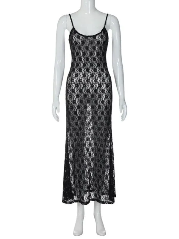 Backless Maxi Dress with Mesh Elegance and Suspender Straps