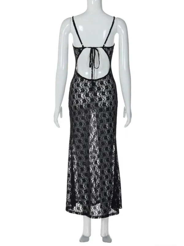 Backless Maxi Dress with Mesh Elegance and Suspender Straps