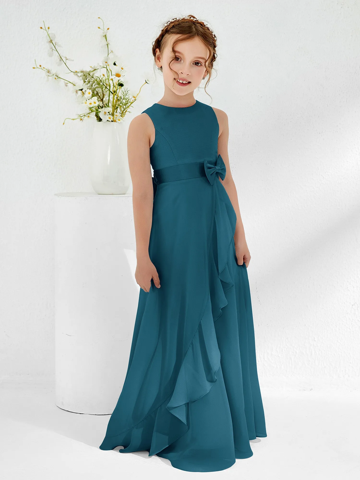 Bateau Neckline Ruffle Junior Bridesmaid Gowns Ink Blue