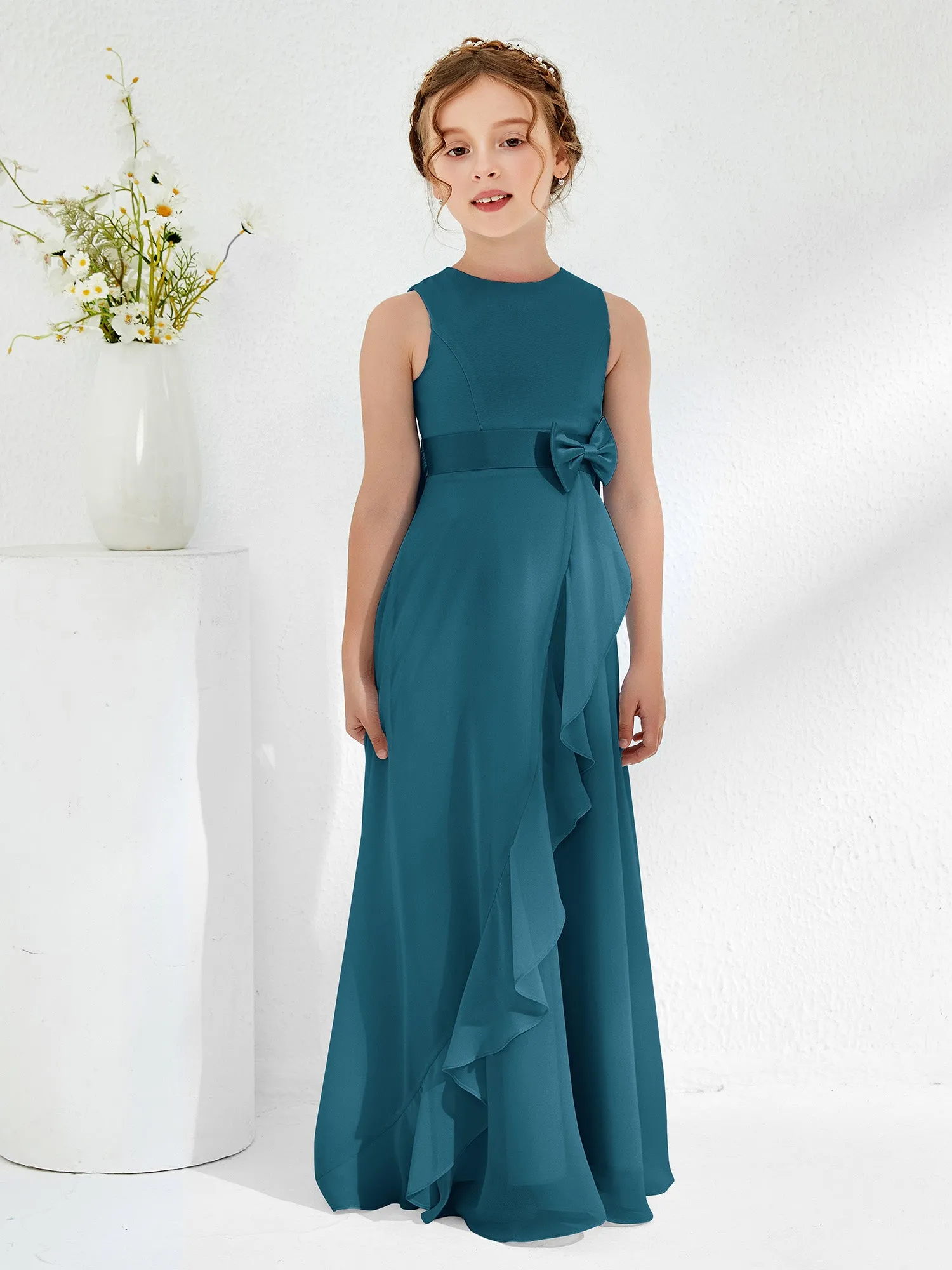 Bateau Neckline Ruffle Junior Bridesmaid Gowns Ink Blue