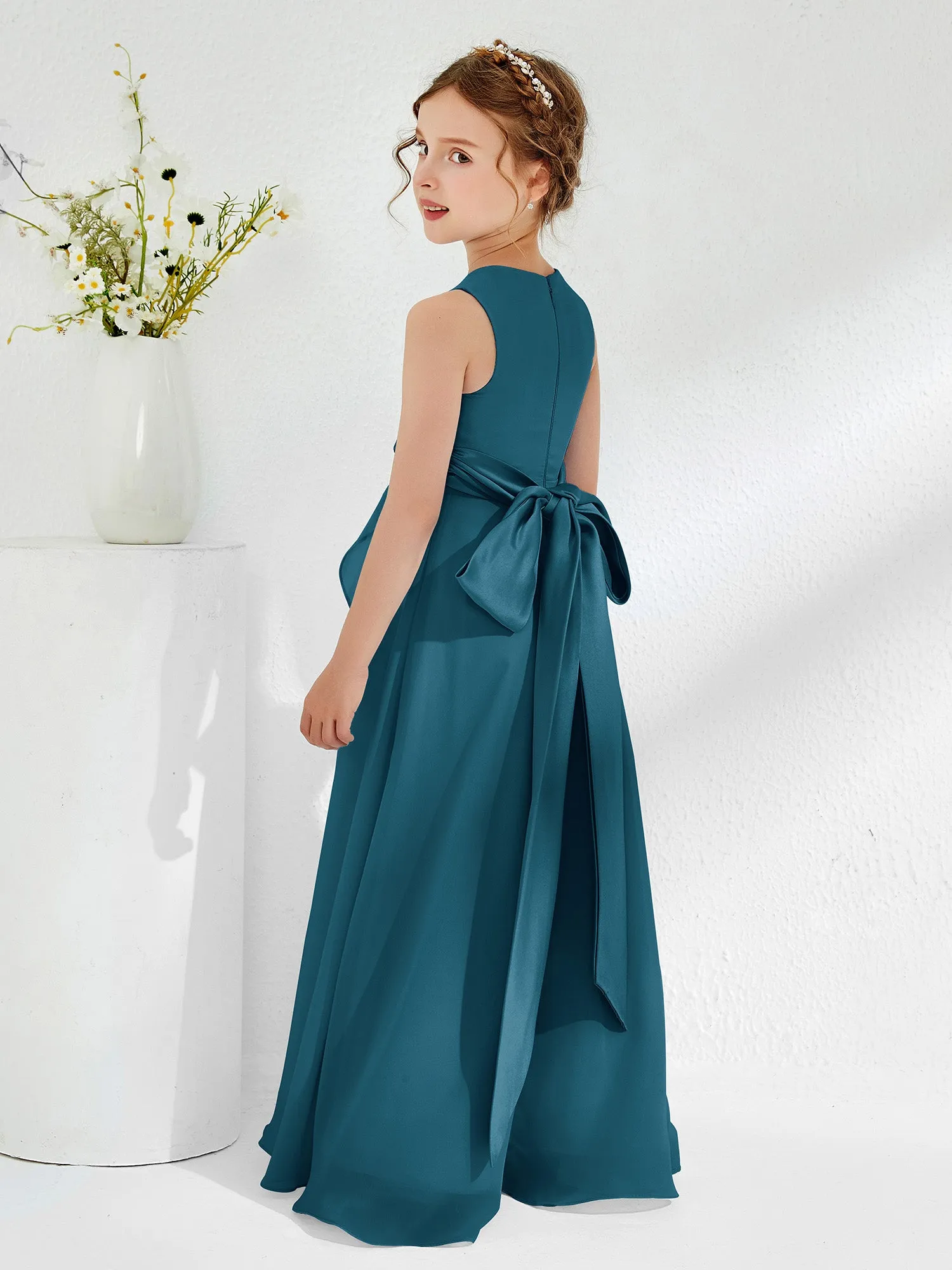 Bateau Neckline Ruffle Junior Bridesmaid Gowns Ink Blue