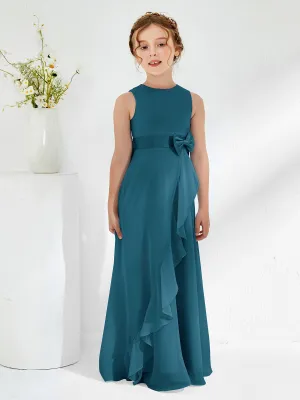 Bateau Neckline Ruffle Junior Bridesmaid Gowns Ink Blue