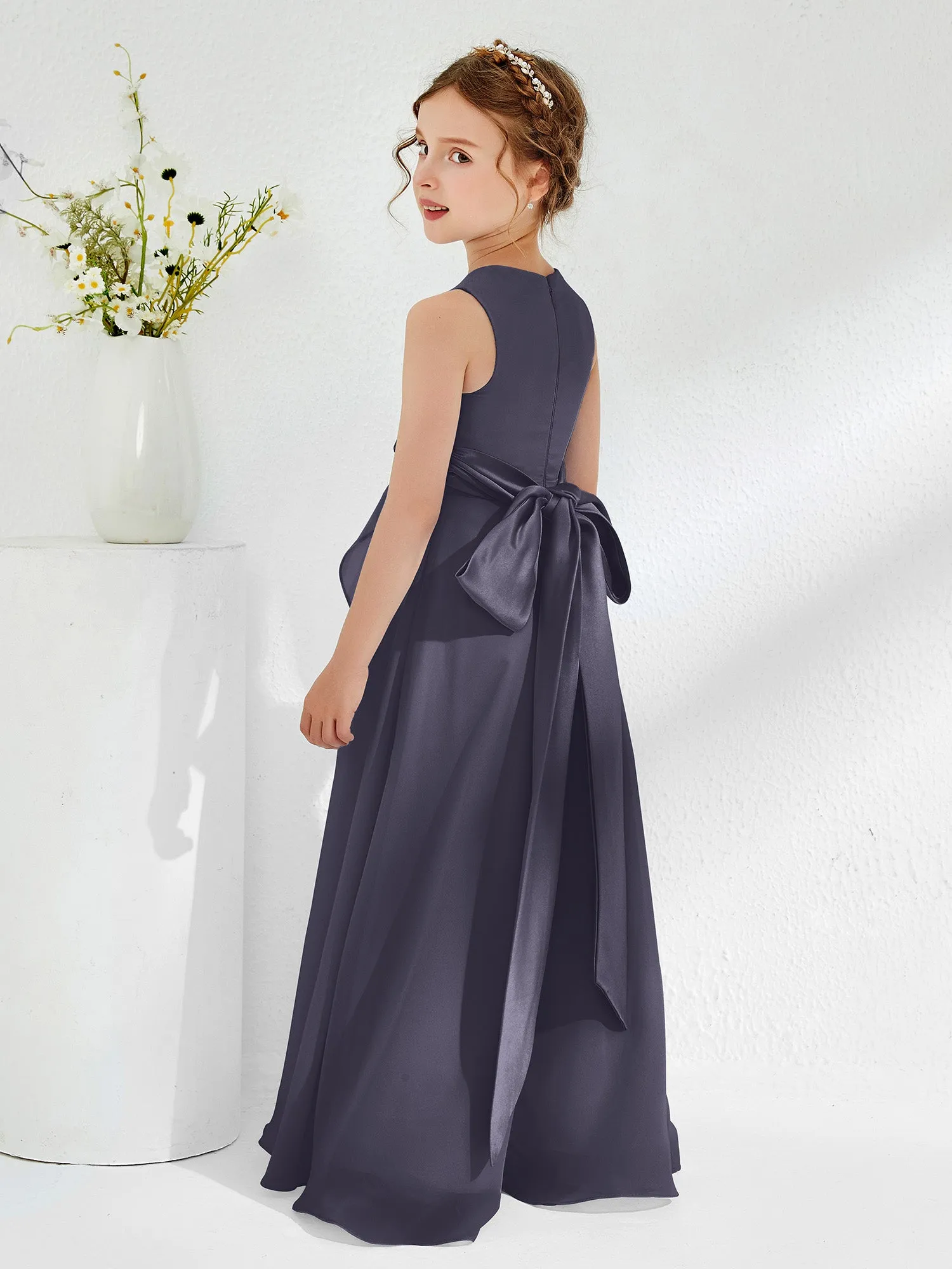 Bateau Neckline Ruffle Junior Bridesmaid Gowns Stormy