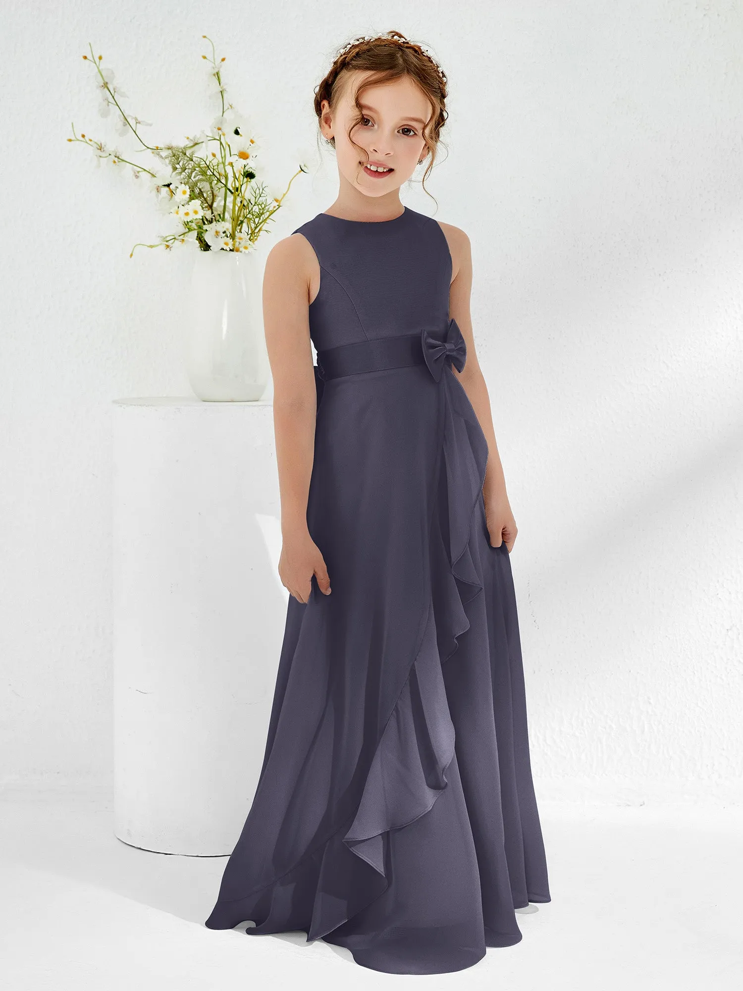 Bateau Neckline Ruffle Junior Bridesmaid Gowns Stormy