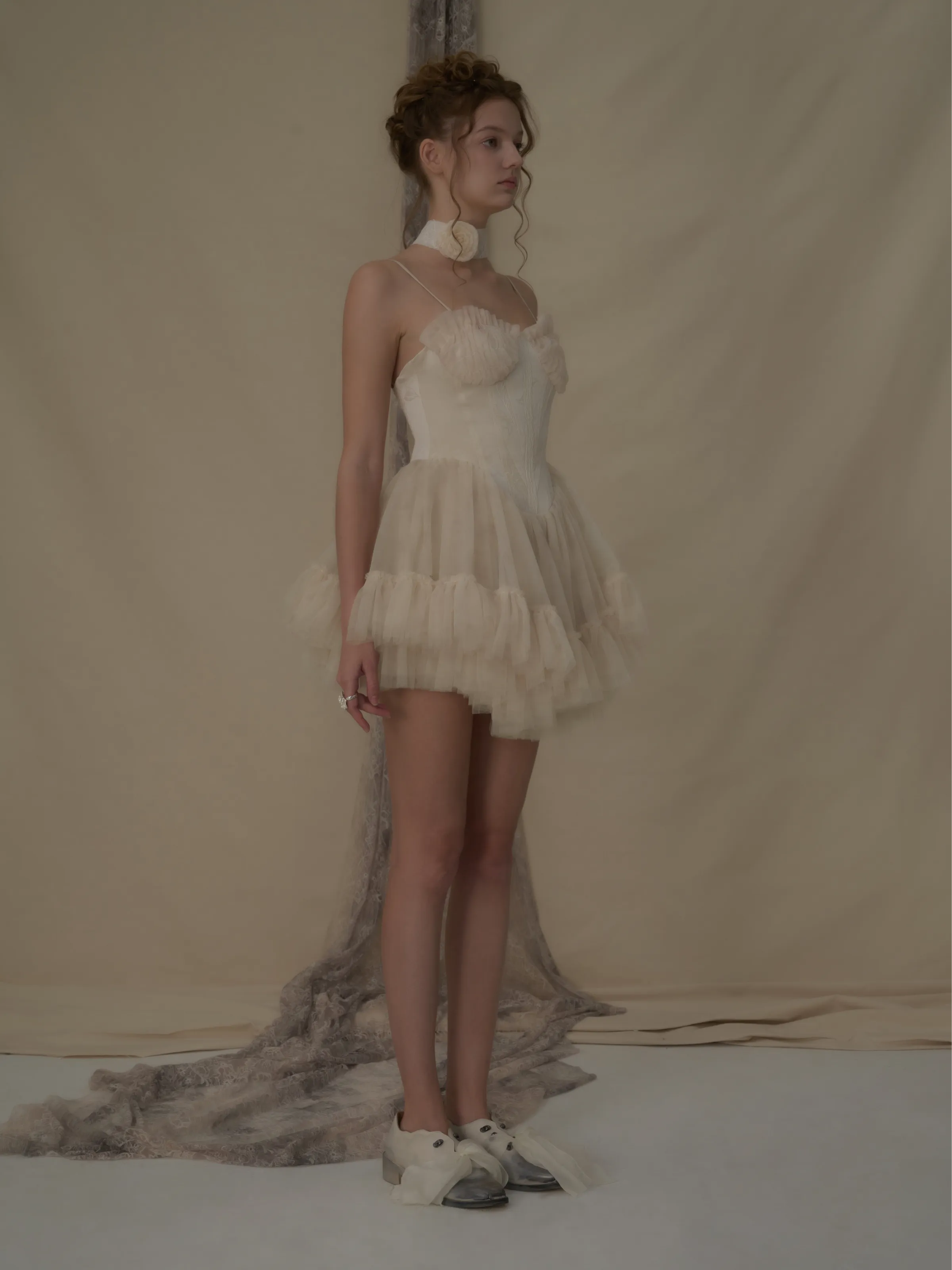 Beige Mesh Puffy Camisole Short Dress