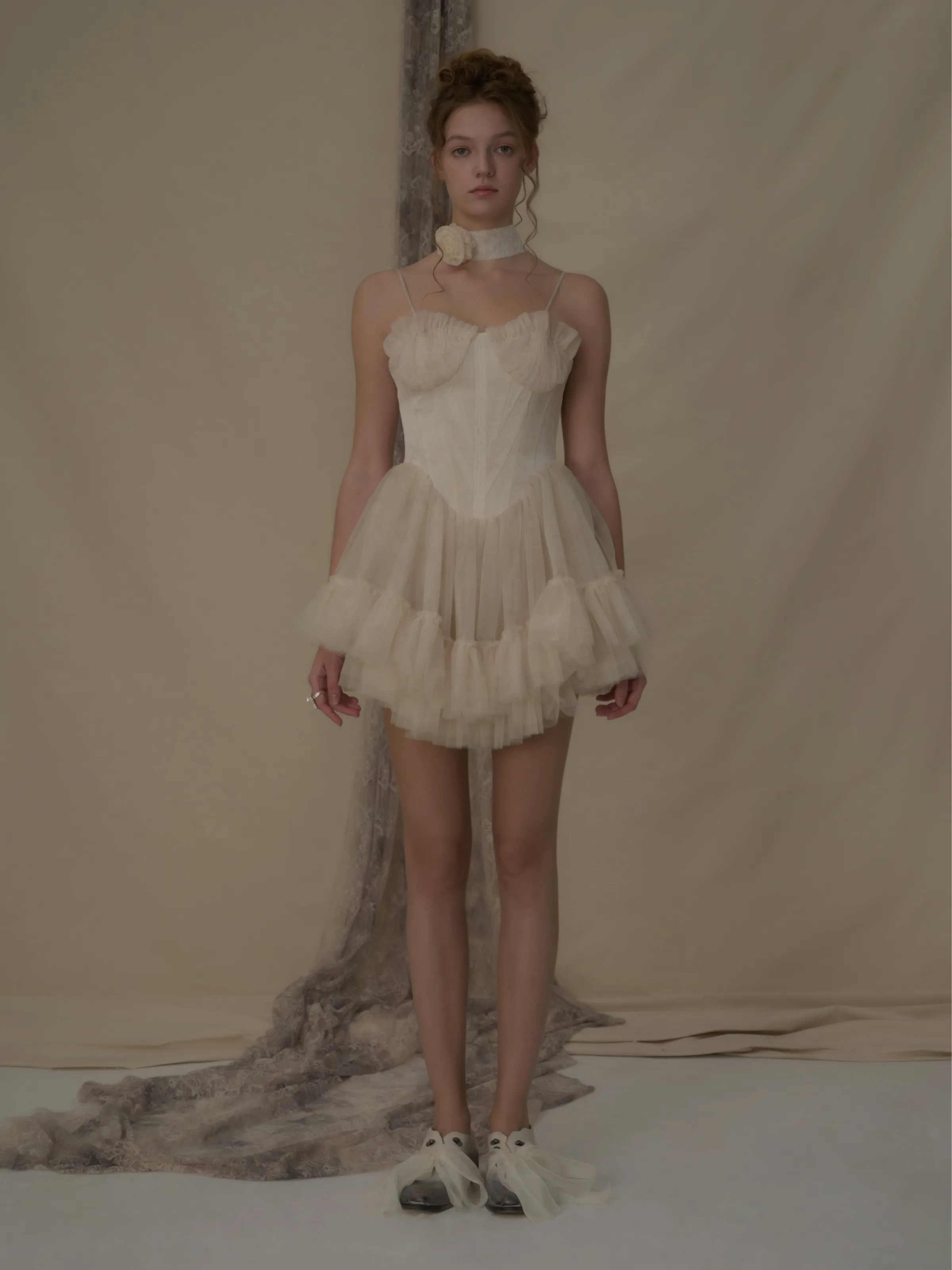 Beige Mesh Puffy Camisole Short Dress