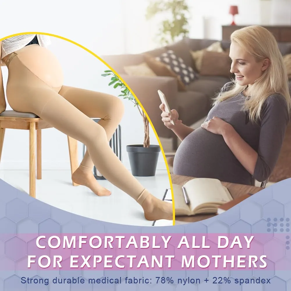 beister Maternity Medical Compression Tights, 20-30mmHg Graduated Support Pregnancy Legging with Button Elastic Band & Abdominal Protection, Footless High Waist Compression Pantyhose for Varicosity Beige Medium