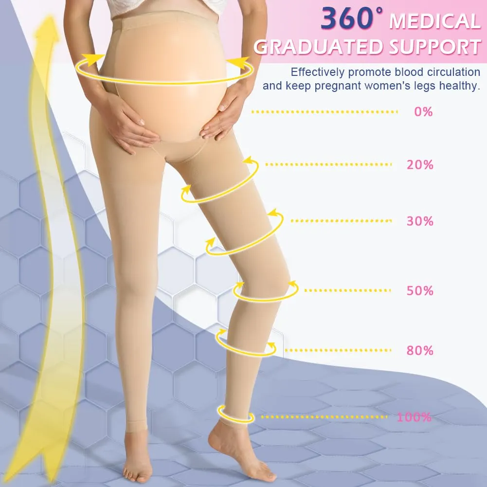 beister Maternity Medical Compression Tights, 20-30mmHg Graduated Support Pregnancy Legging with Button Elastic Band & Abdominal Protection, Footless High Waist Compression Pantyhose for Varicosity Beige Medium