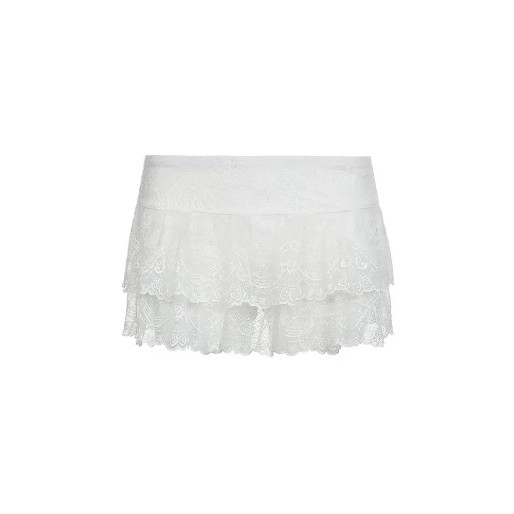 Black Solid Low Waist Tiered Lace Shorts Skirts Womens Fairycore Micro Boho Skirt