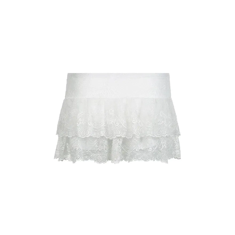 Black Solid Low Waist Tiered Lace Shorts Skirts Womens Fairycore Micro Boho Skirt