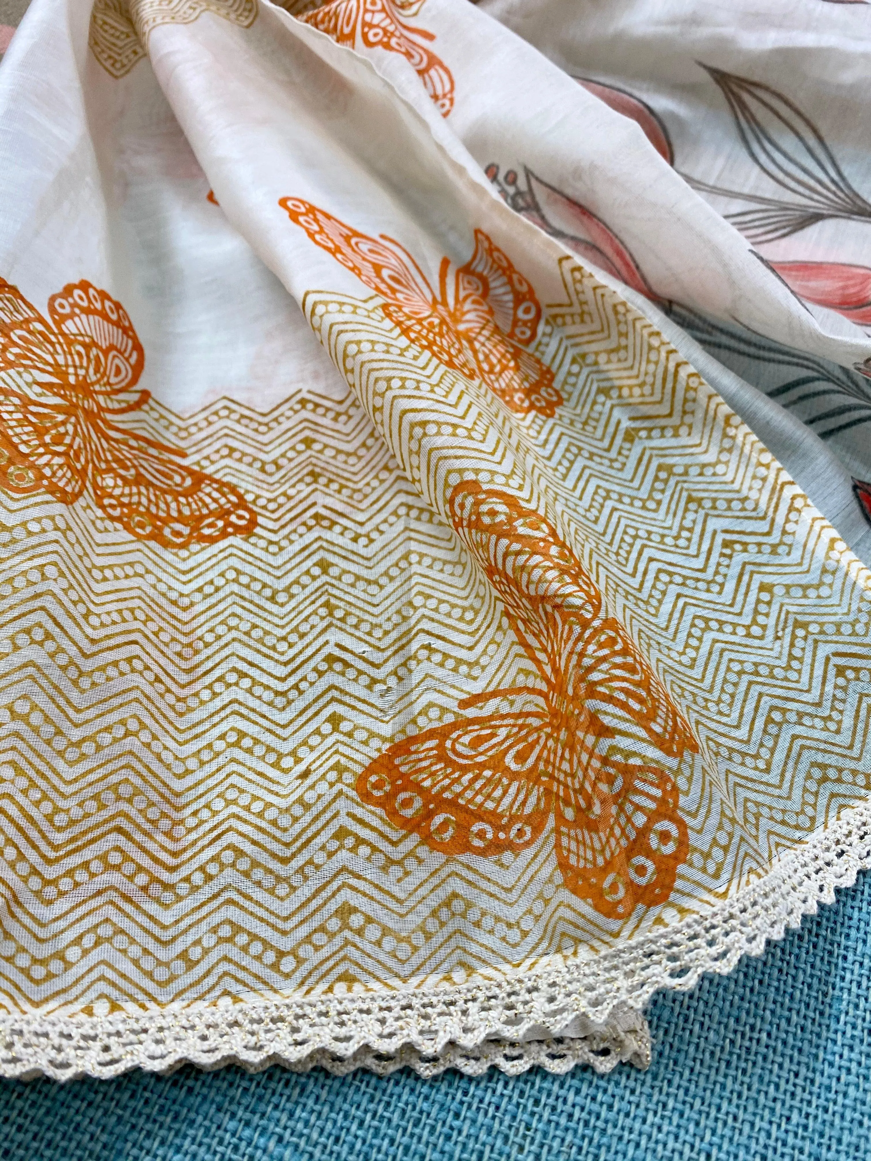 Butterflies & Flowers Hand Painted Silk Cotton Scarf