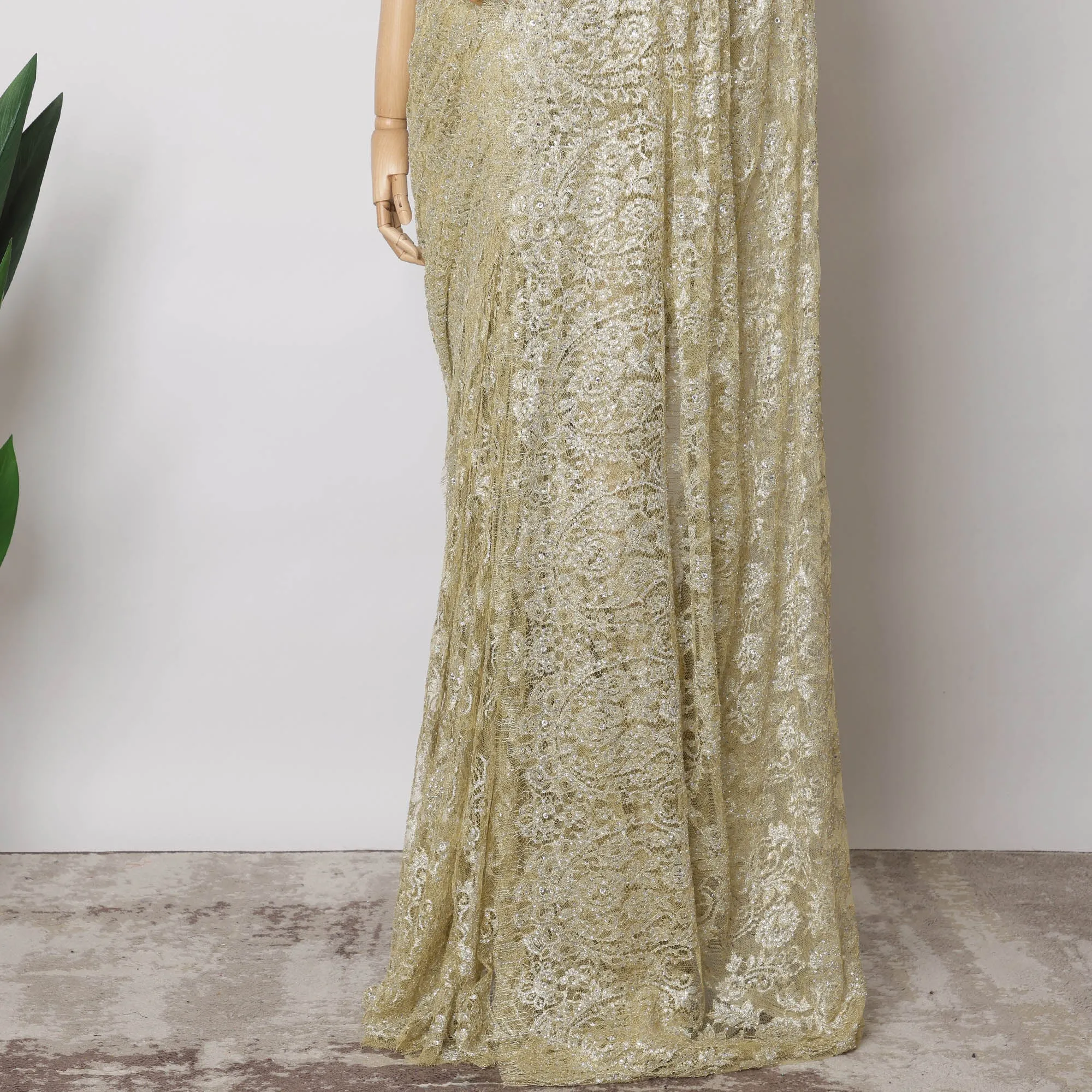 Champagne Gold French Metallic Chantilly Lace Fabric with Stone Work, 5.5 Meters-110 Cms-D21048