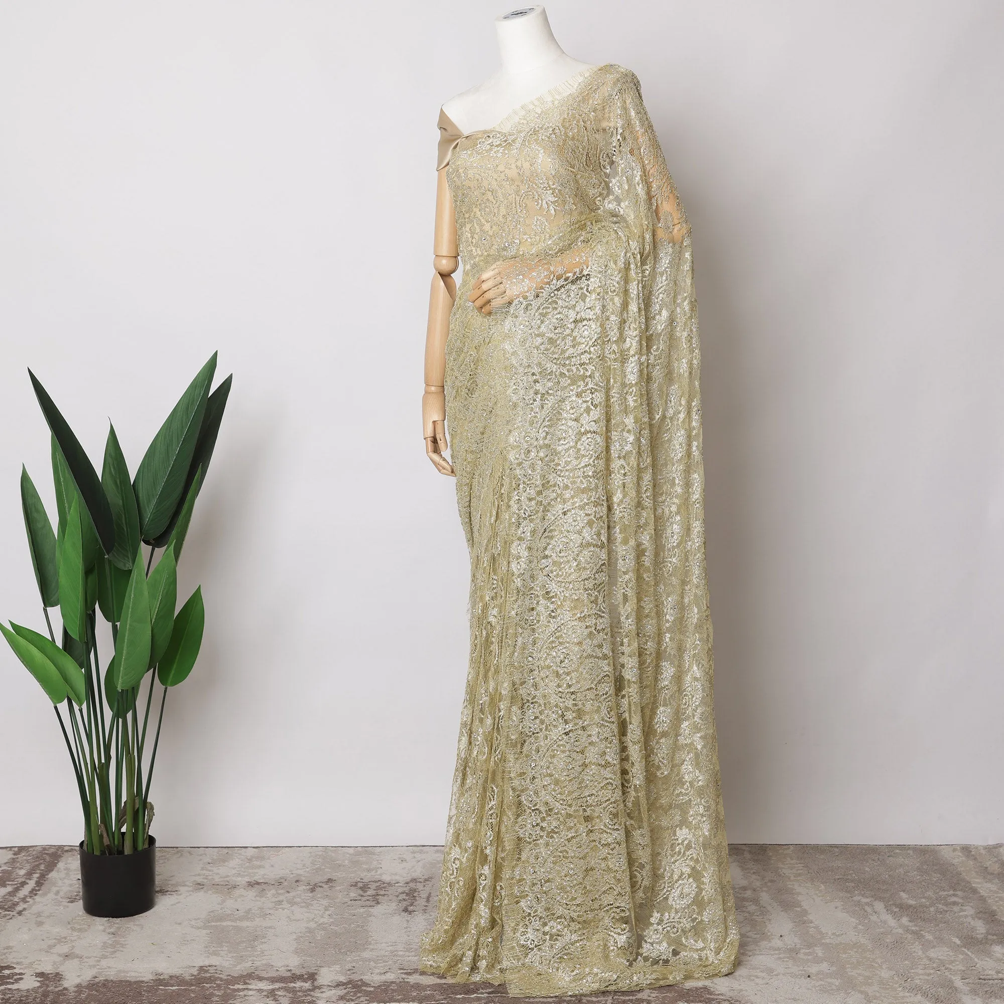 Champagne Gold French Metallic Chantilly Lace Fabric with Stone Work, 5.5 Meters-110 Cms-D21048