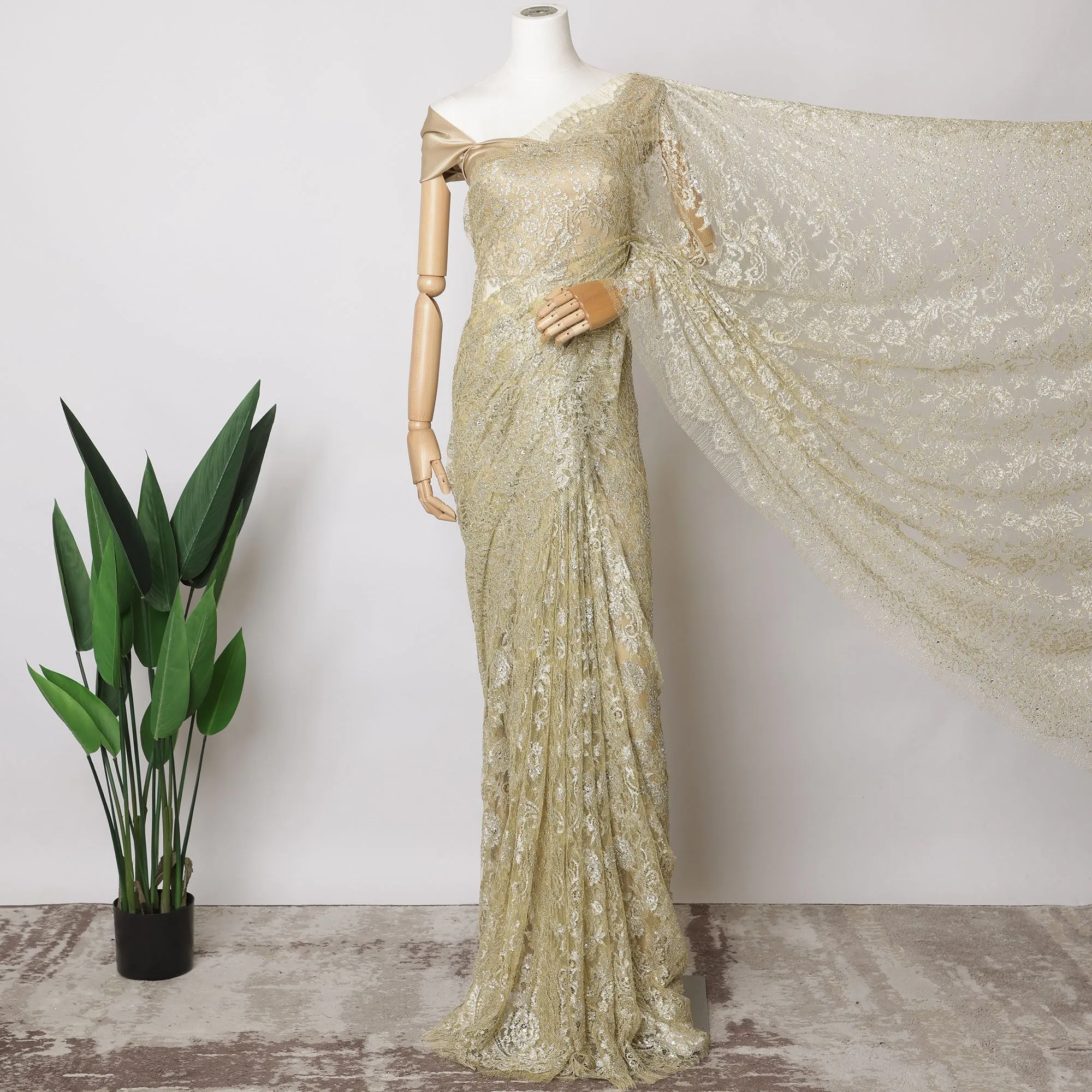 Champagne Gold French Metallic Chantilly Lace Fabric with Stone Work, 5.5 Meters-110 Cms-D21048
