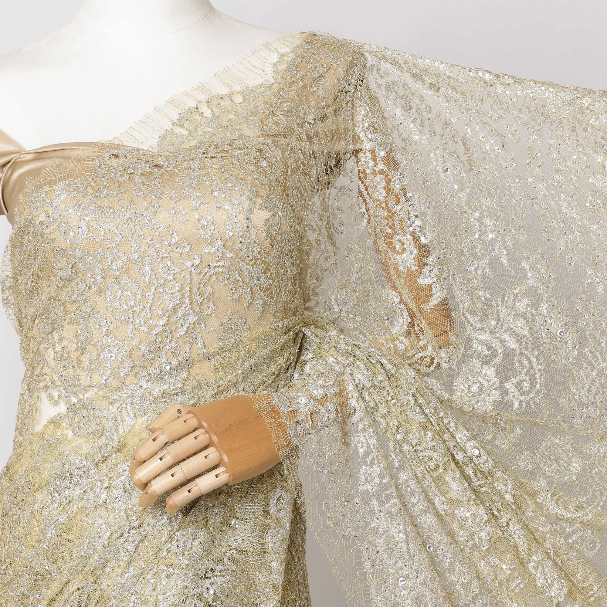 Champagne Gold French Metallic Chantilly Lace Fabric with Stone Work, 5.5 Meters-110 Cms-D21048
