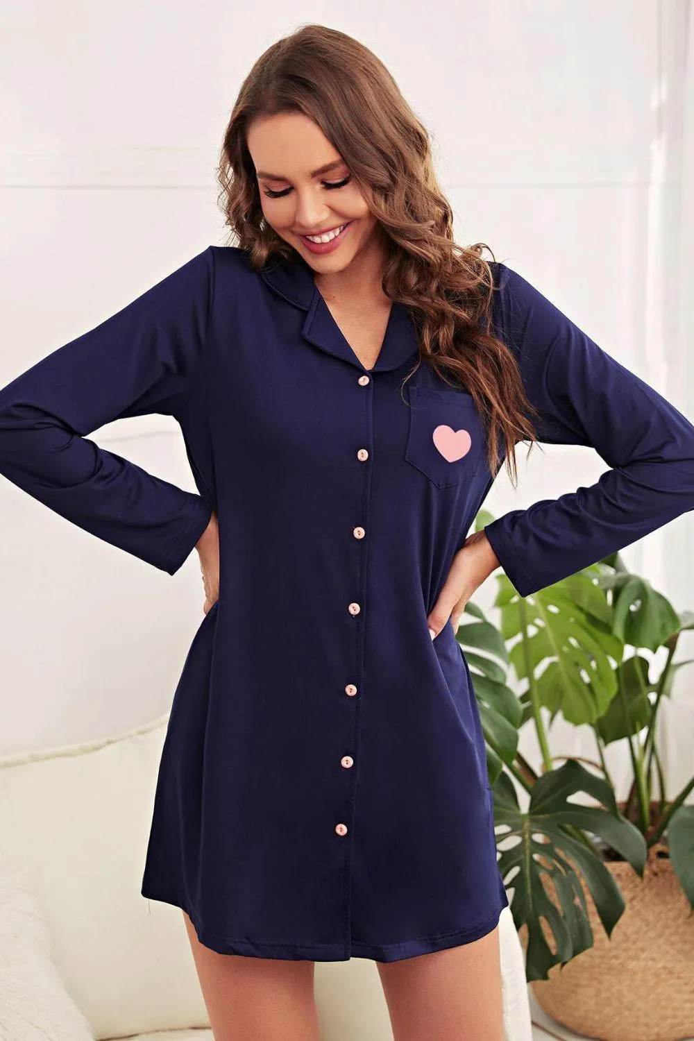 Charming Heart Print Lapel Collar Night Shirt Dress with Pockets - Cozy Chic