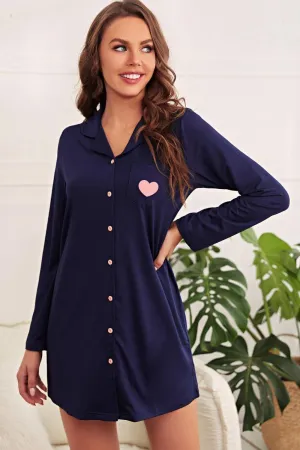 Charming Heart Print Lapel Collar Night Shirt Dress with Pockets - Cozy Chic