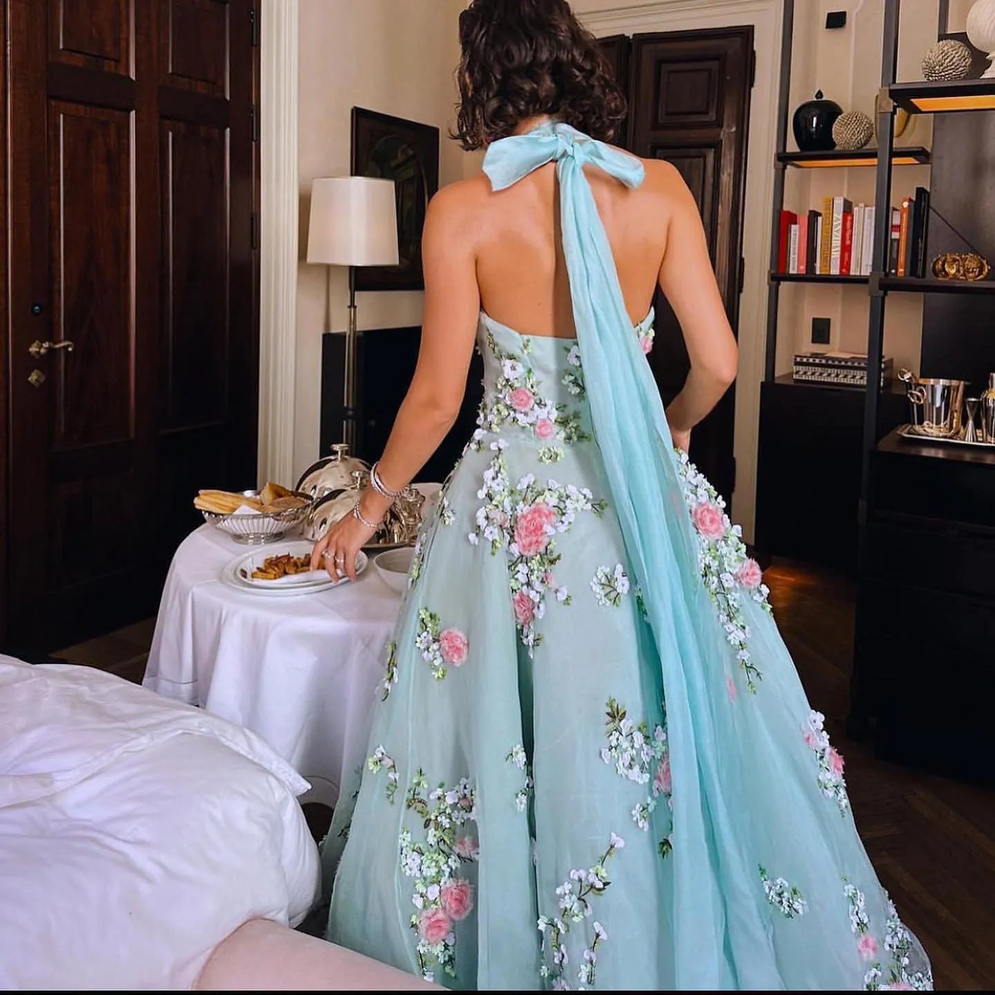 Chic 3D Flowers Halter Aqua Evening Dress SS219