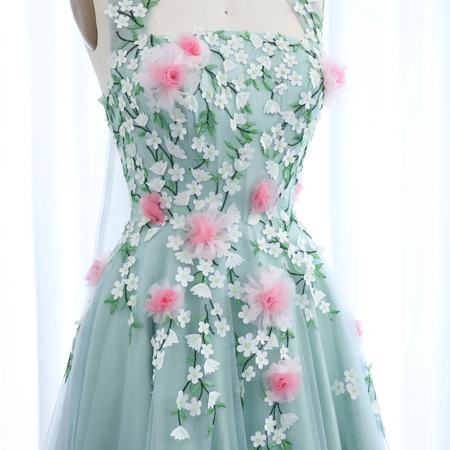Chic 3D Flowers Halter Aqua Evening Dress SS219