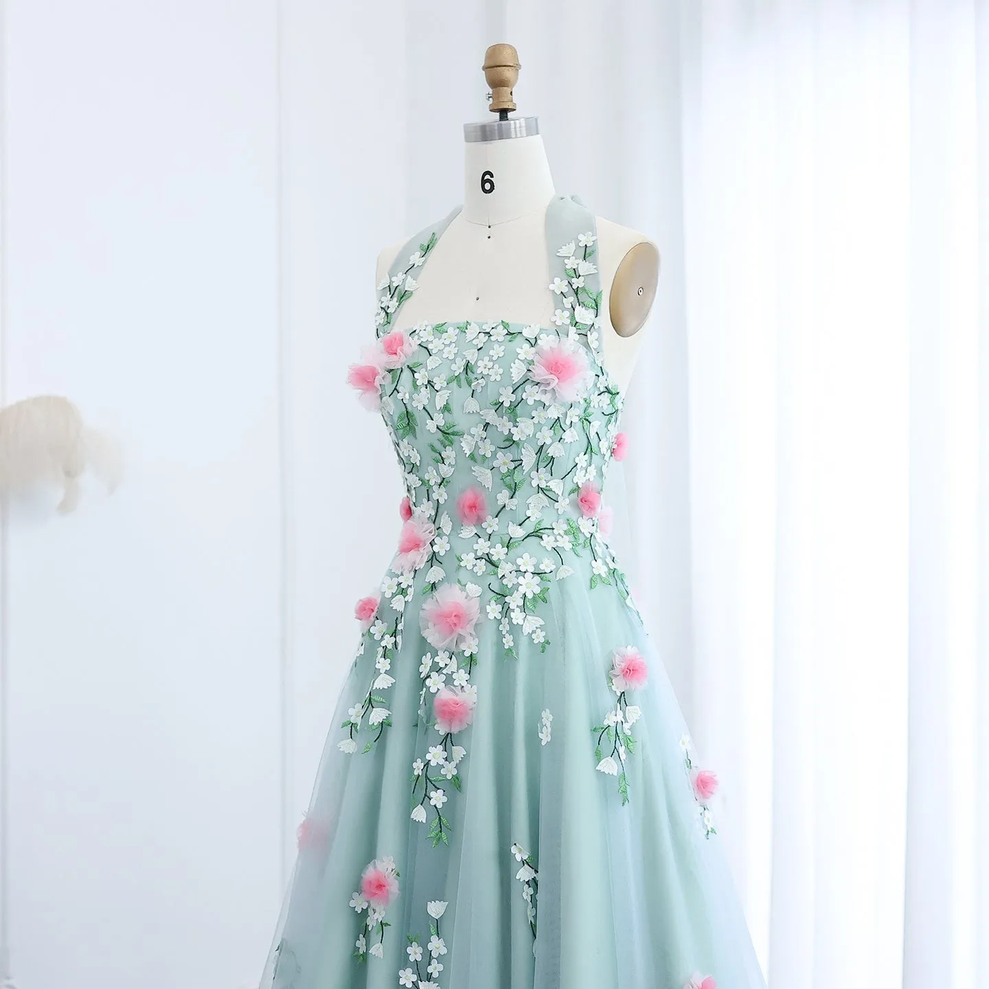 Chic 3D Flowers Halter Aqua Evening Dress SS219