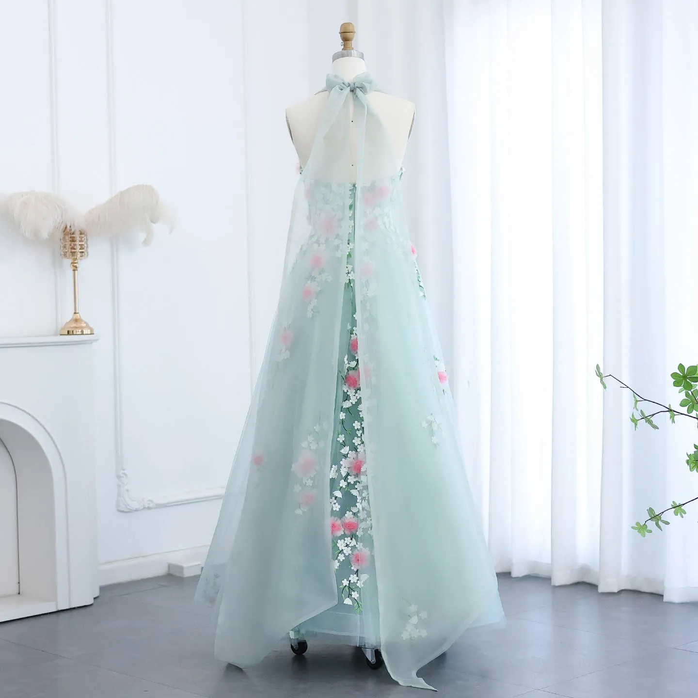 Chic 3D Flowers Halter Aqua Evening Dress SS219