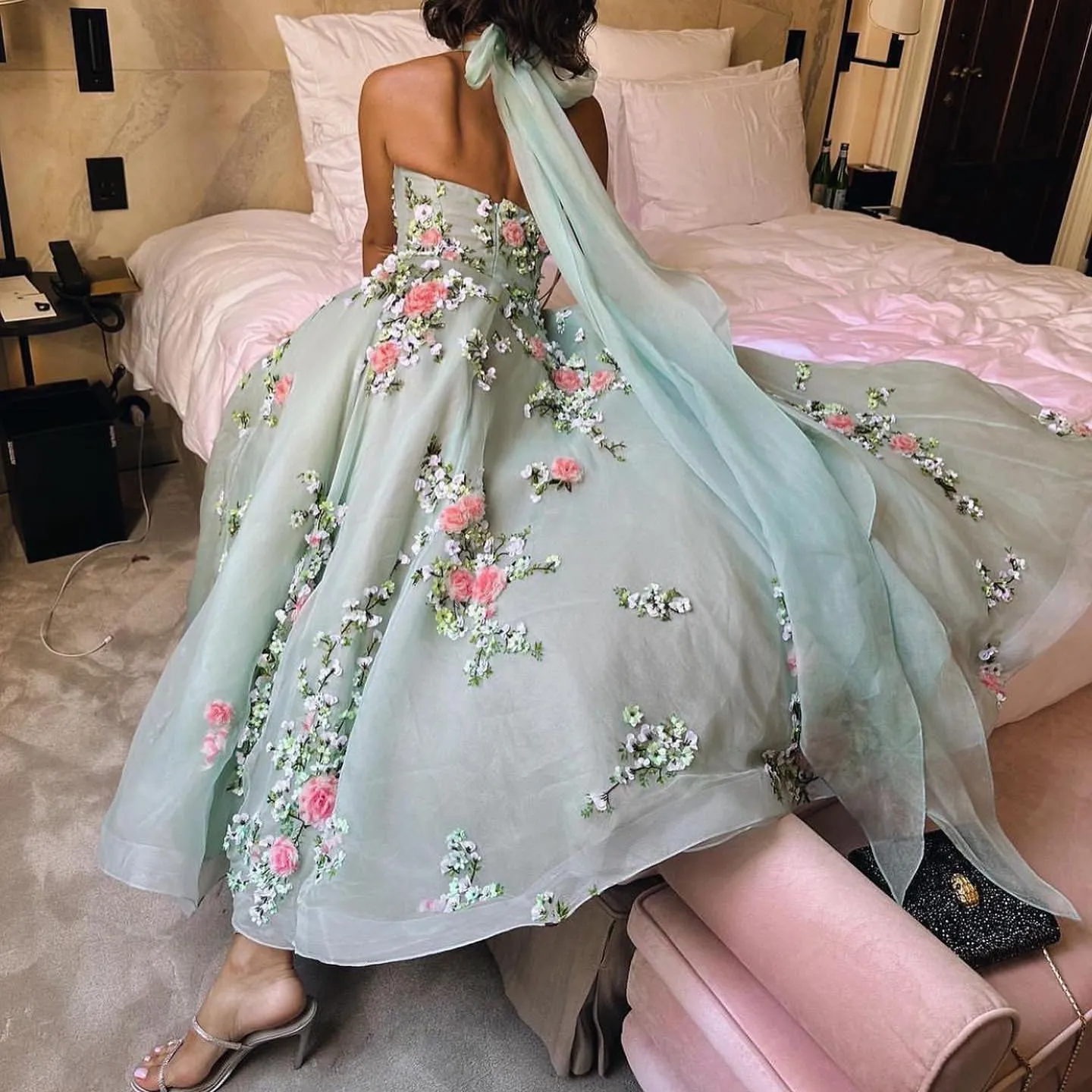 Chic 3D Flowers Halter Aqua Evening Dress SS219