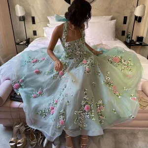 Chic 3D Flowers Halter Aqua Evening Dress SS219