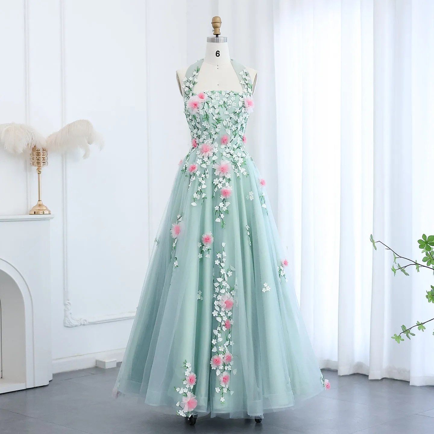 Chic 3D Flowers Halter Aqua Evening Dress SS219