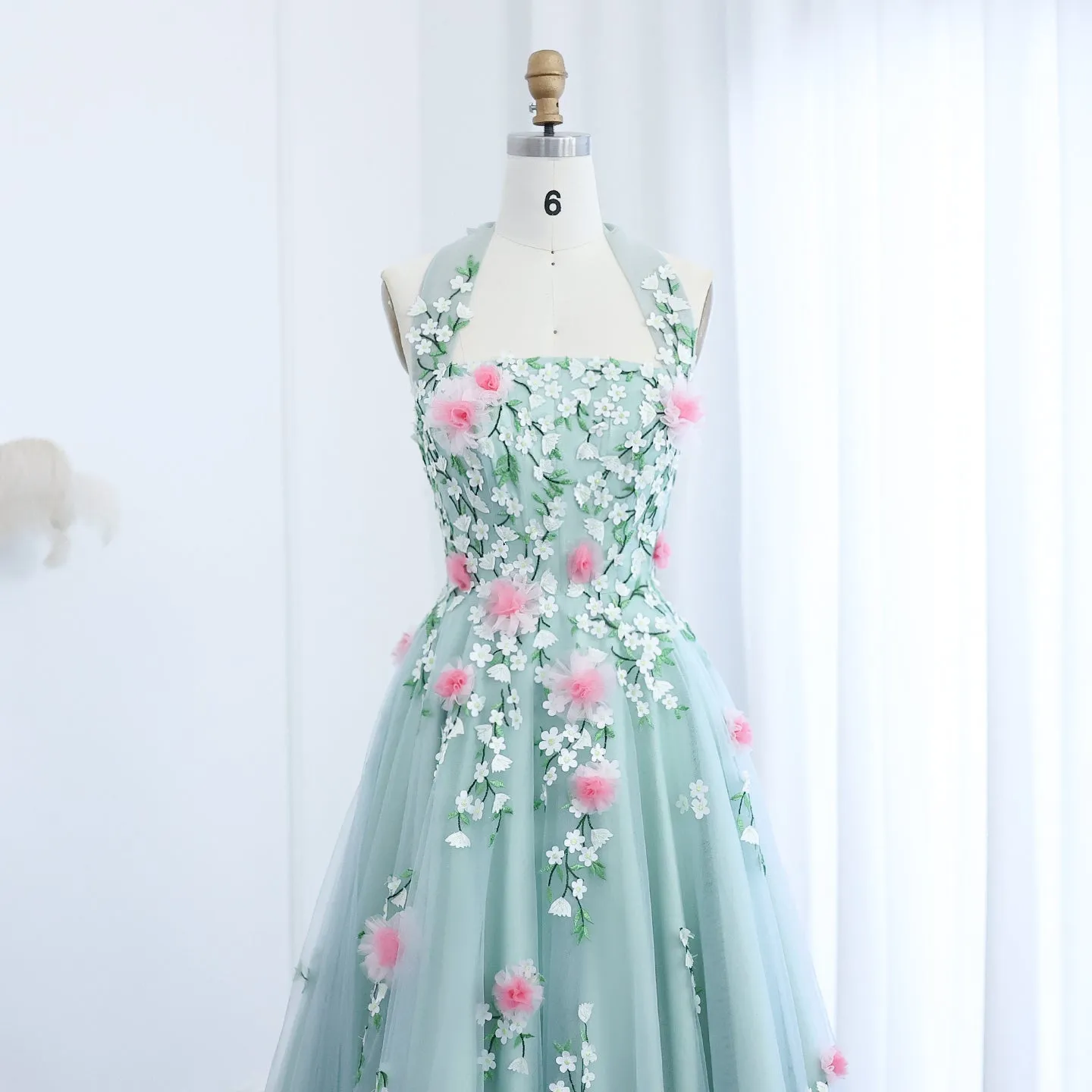 Chic 3D Flowers Halter Aqua Evening Dress SS219