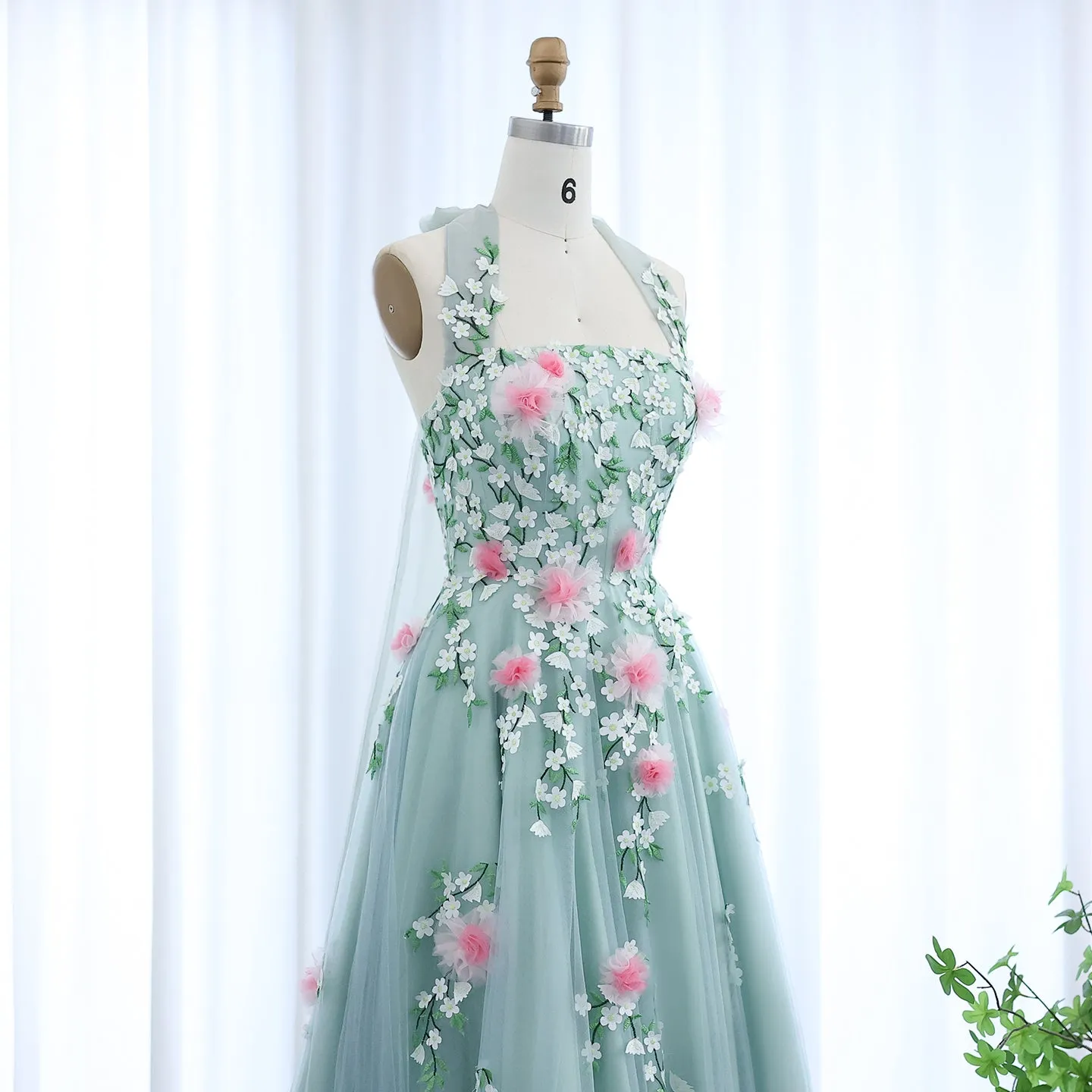 Chic 3D Flowers Halter Aqua Evening Dress SS219