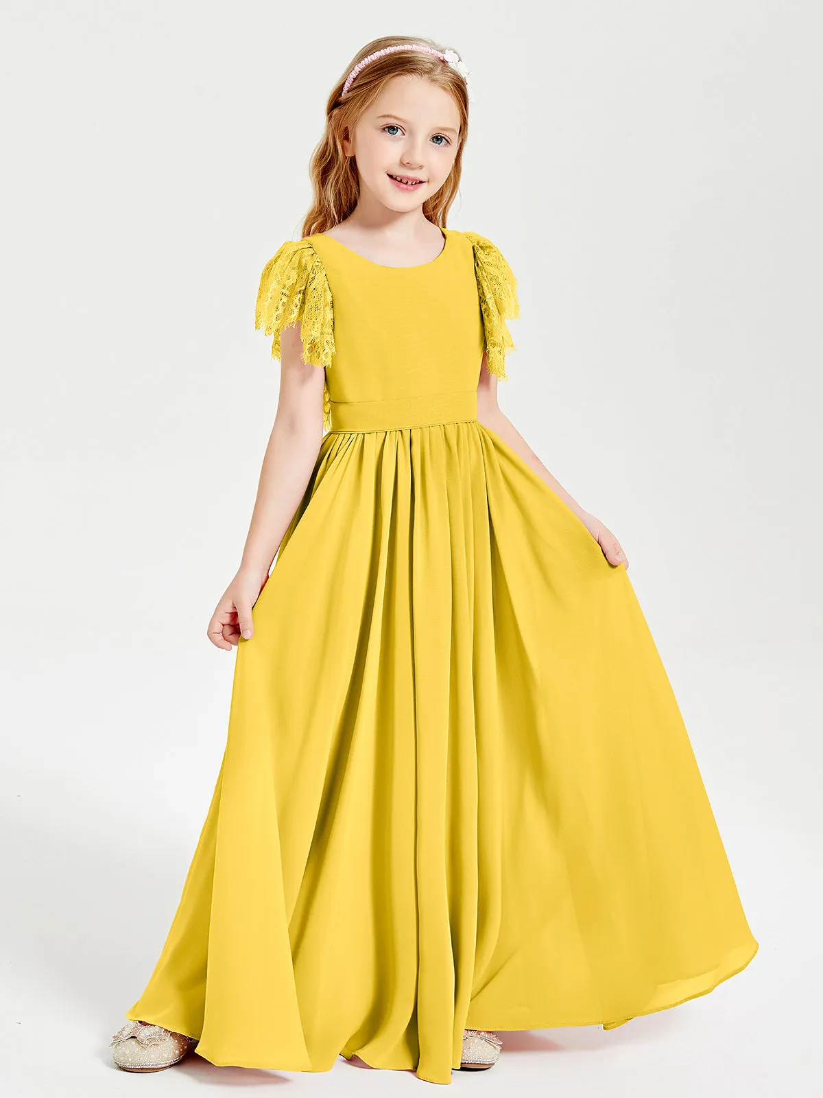 Chiffon Junior Bridesmaid Dresses Lace Flutter Sleeves Scoop Neck Marigold