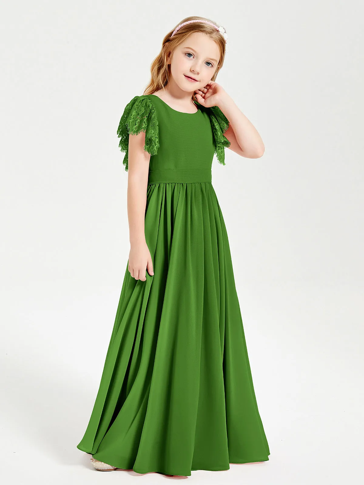 Chiffon Junior Bridesmaid Dresses Lace Flutter Sleeves Scoop Neck Moss