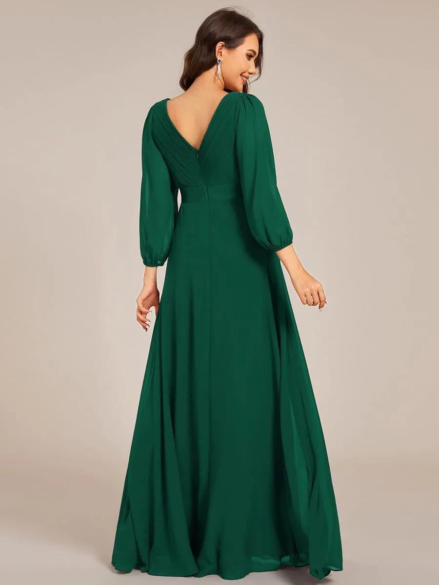 Chiffon Long Sleeve Empire Waist Maxi Evening Dress with Pleated Detailing