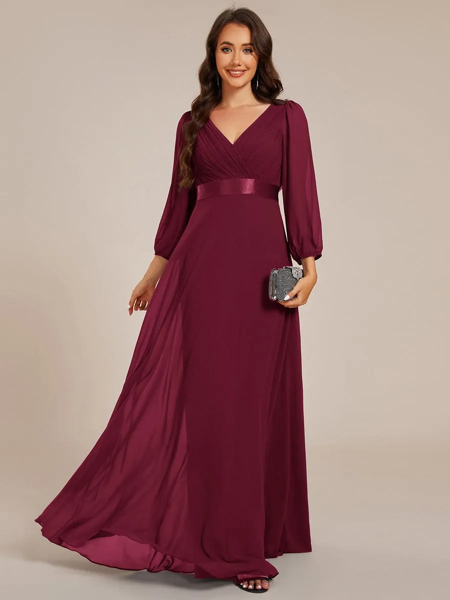Chiffon Long Sleeve Empire Waist Maxi Evening Dress with Pleated Detailing