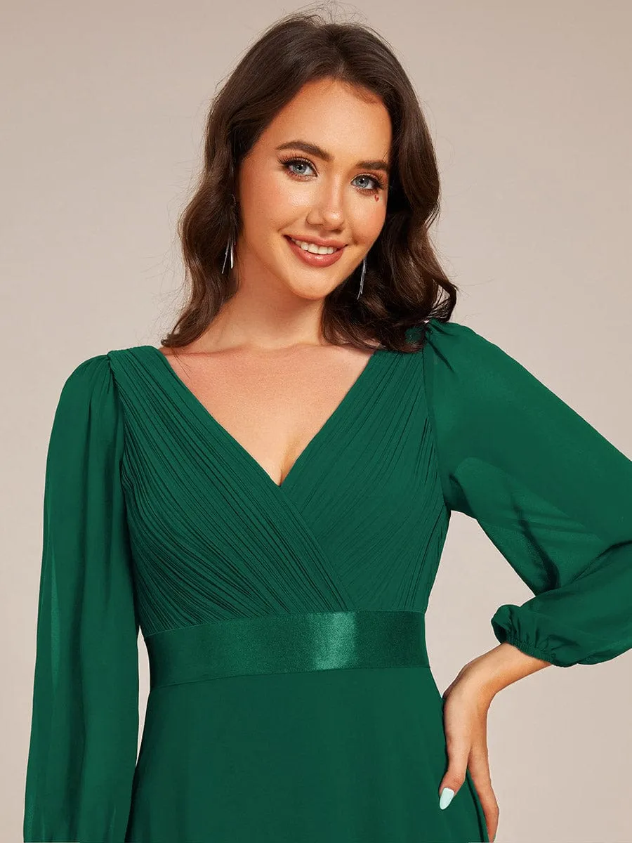 Chiffon Long Sleeve Empire Waist Maxi Evening Dress with Pleated Detailing