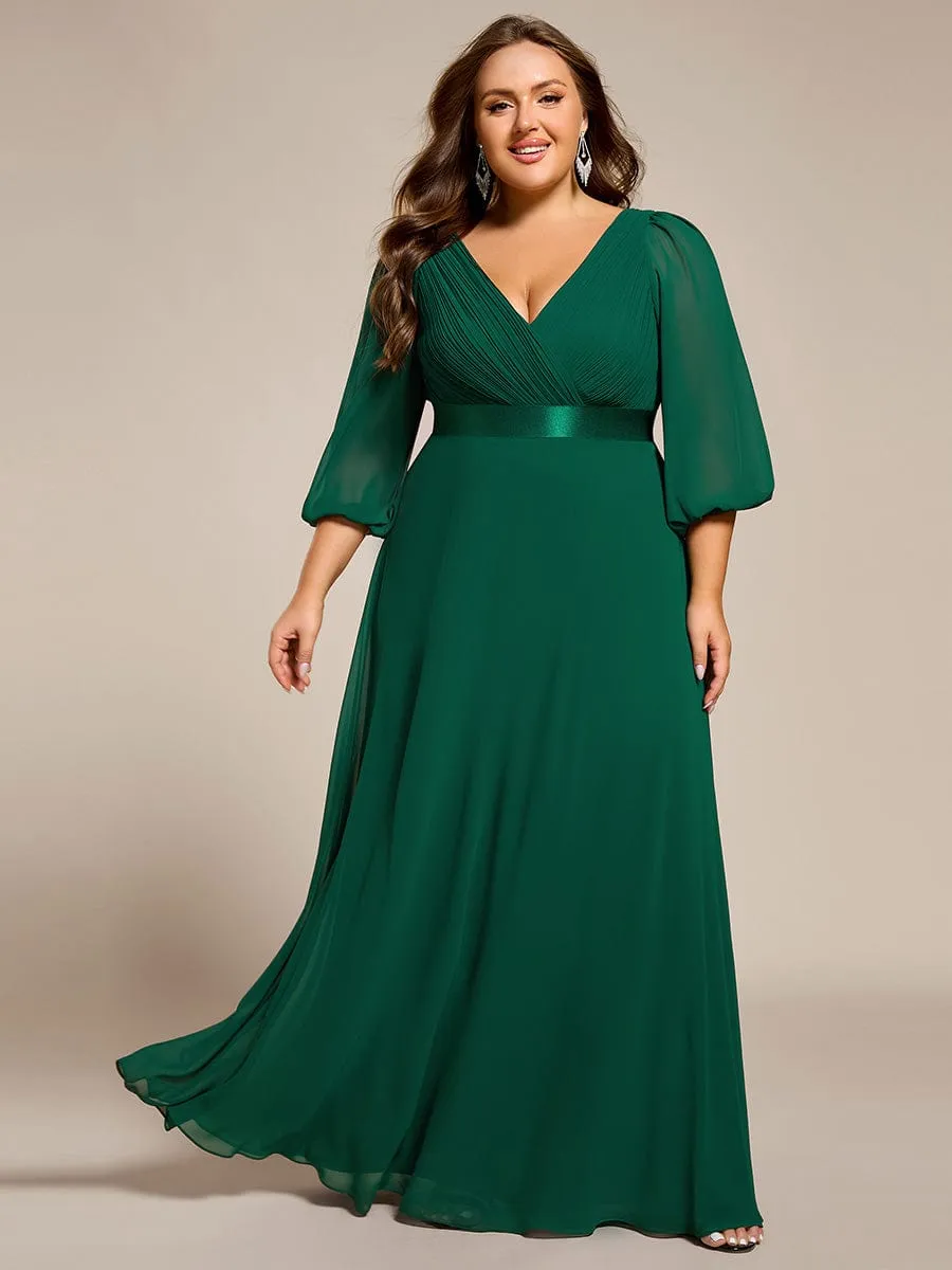 Chiffon Long Sleeve Empire Waist Maxi Evening Dress with Pleated Detailing
