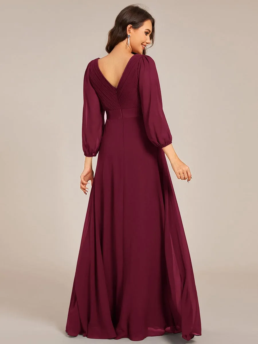 Chiffon Long Sleeve Empire Waist Maxi Evening Dress with Pleated Detailing