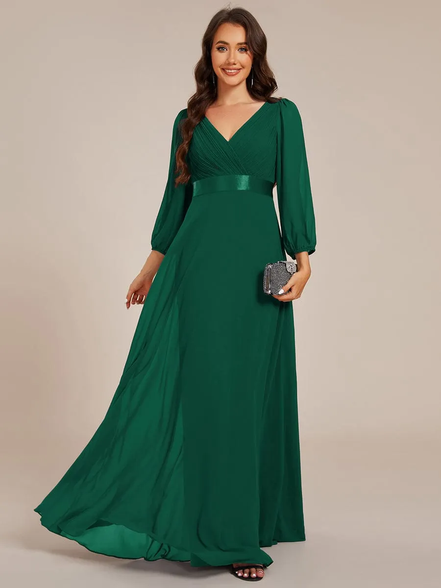 Chiffon Long Sleeve Empire Waist Maxi Evening Dress with Pleated Detailing