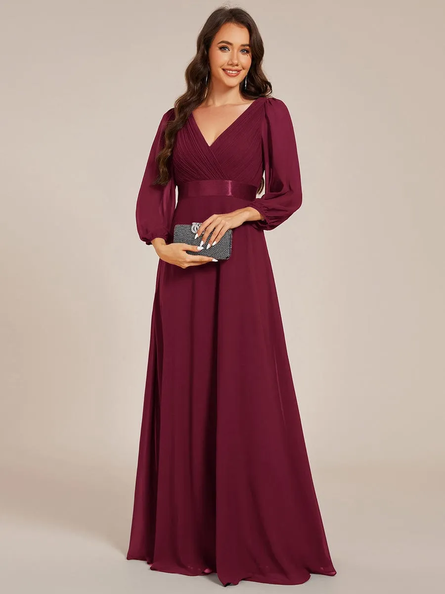 Chiffon Long Sleeve Empire Waist Maxi Evening Dress with Pleated Detailing
