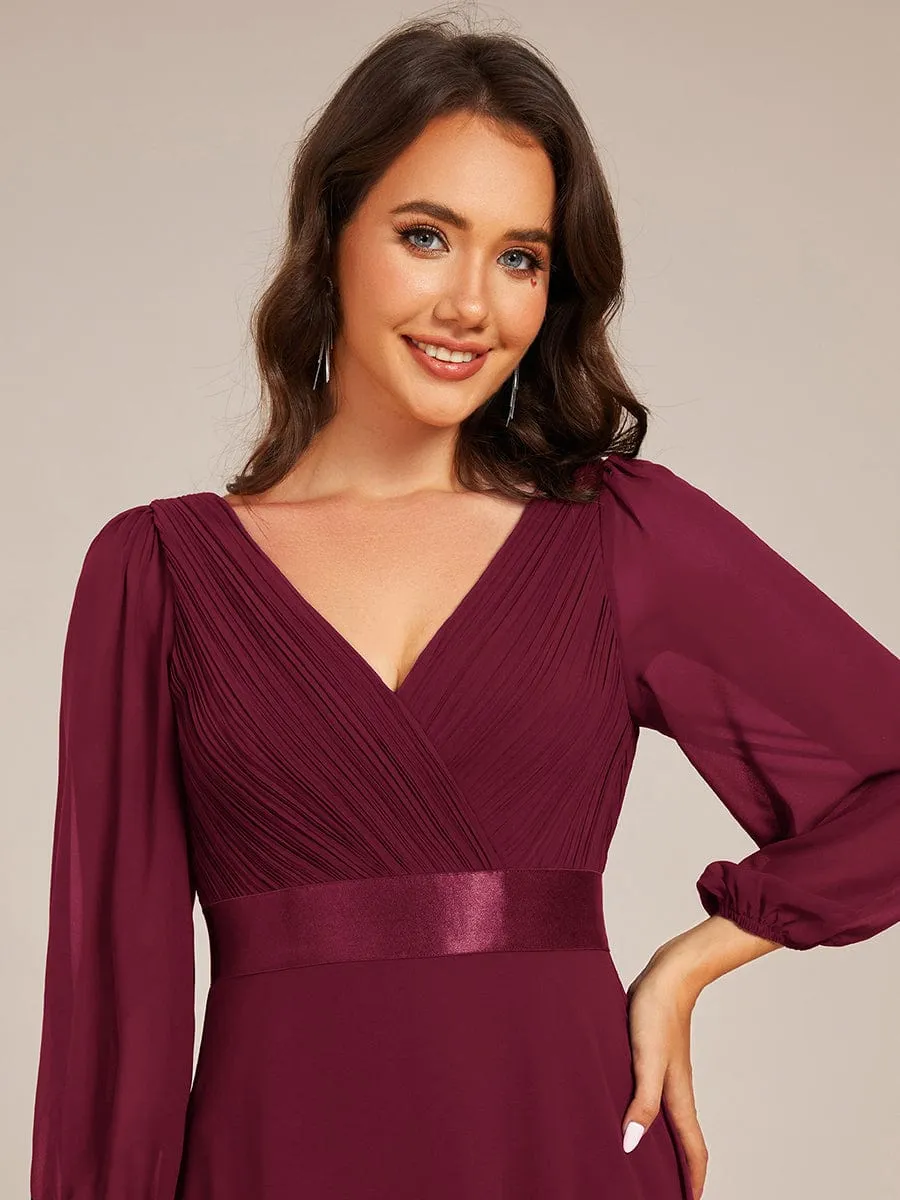 Chiffon Long Sleeve Empire Waist Maxi Evening Dress with Pleated Detailing