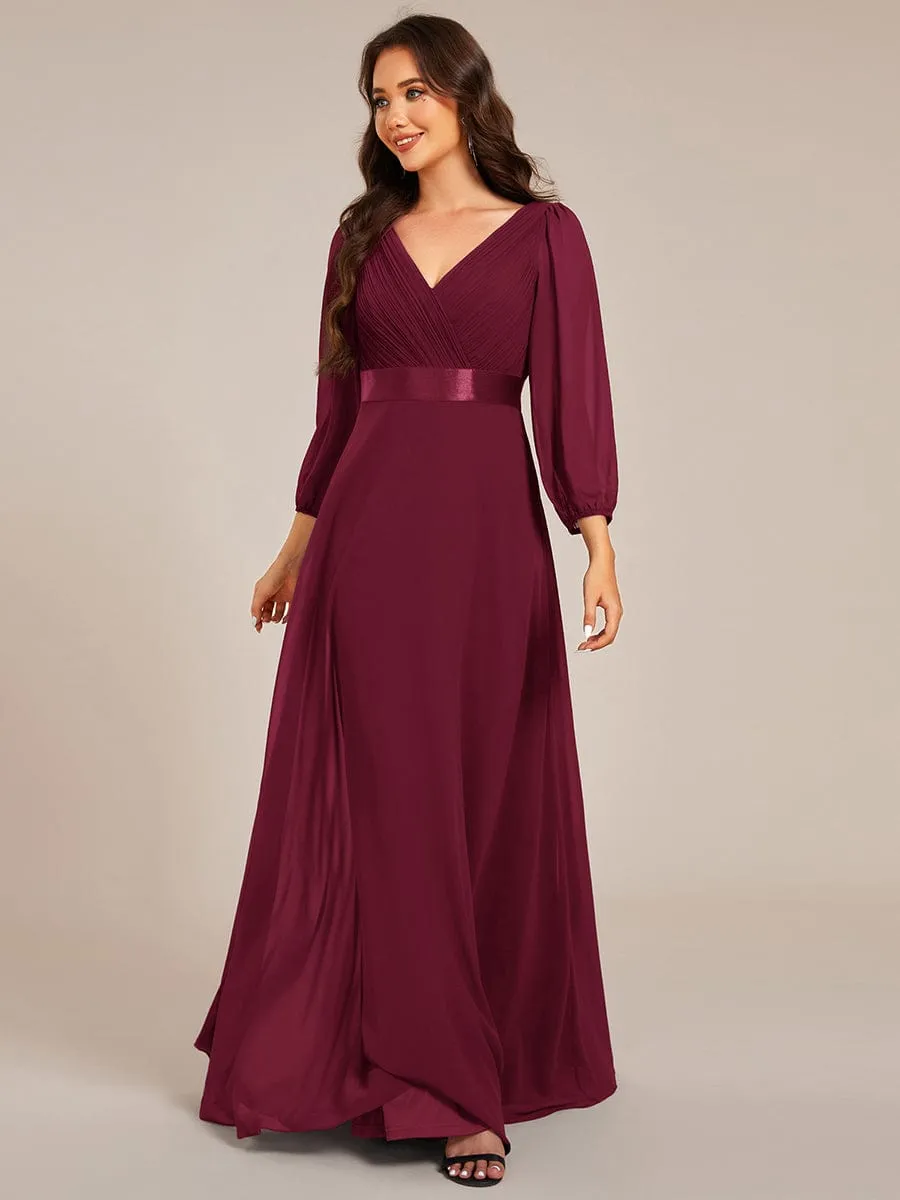 Chiffon Long Sleeve Empire Waist Maxi Evening Dress with Pleated Detailing