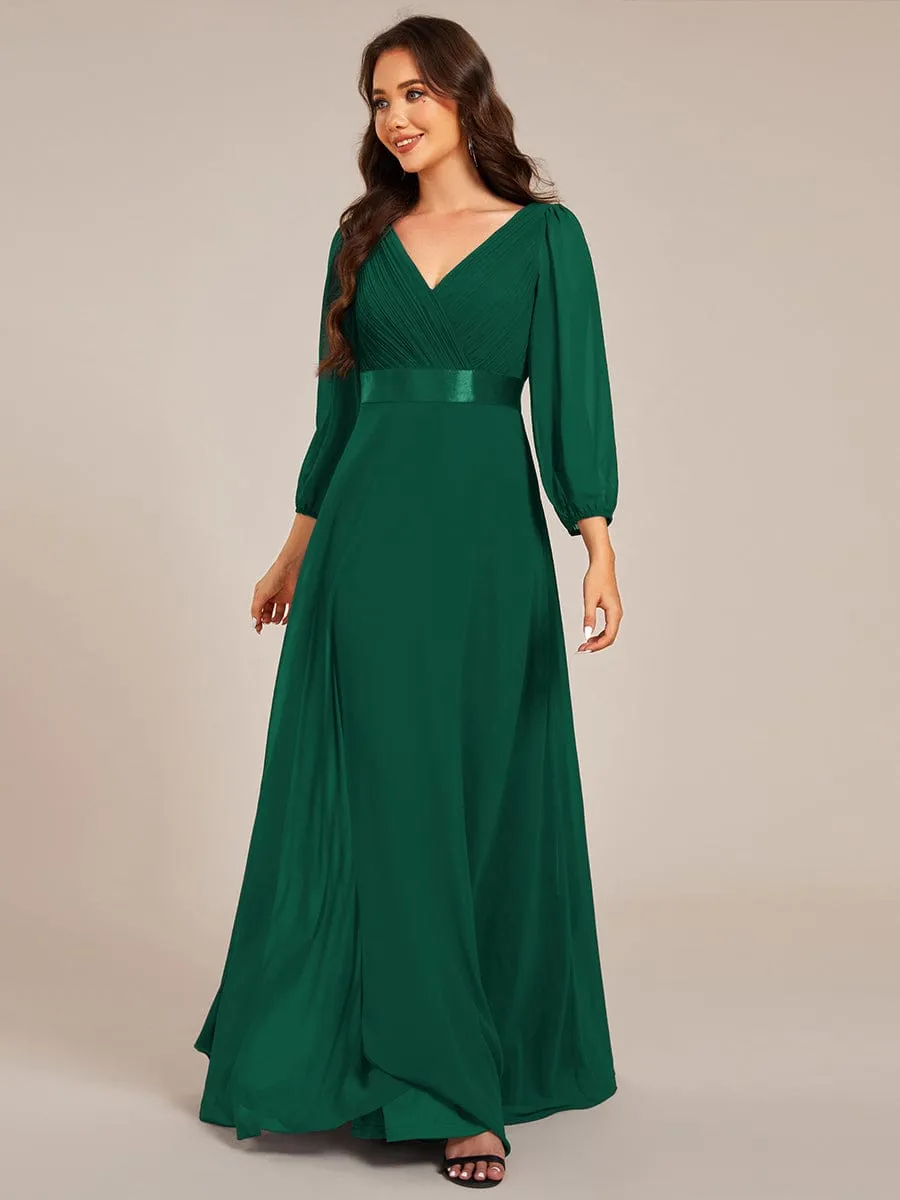 Chiffon Long Sleeve Empire Waist Maxi Evening Dress with Pleated Detailing