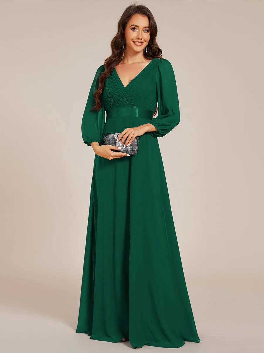 Chiffon Long Sleeve Empire Waist Maxi Evening Dress with Pleated Detailing