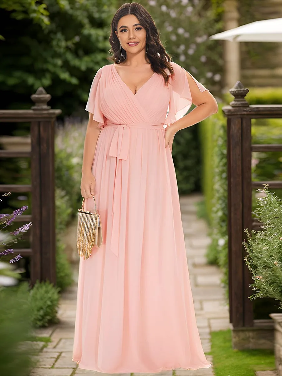 Chiffon Pleated V-Neck Flutter Sleeve Maxi Bridesmaid Dress