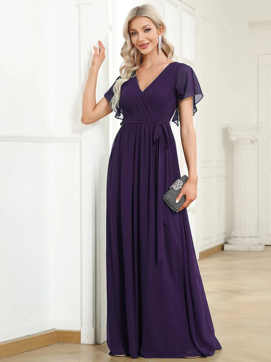 Chiffon Pleated V-Neck Flutter Sleeve Maxi Bridesmaid Dress