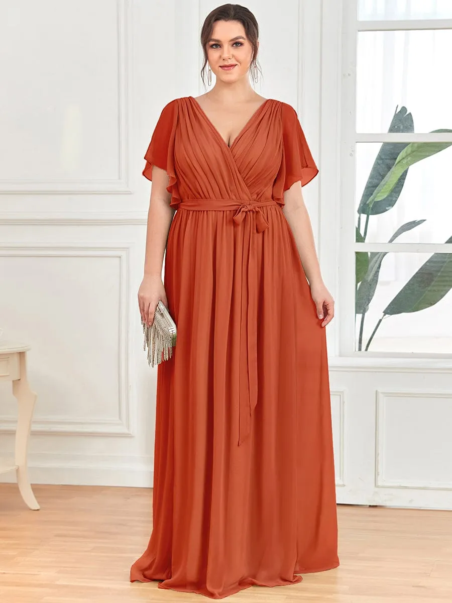 Chiffon Pleated V-Neck Flutter Sleeve Maxi Bridesmaid Dress